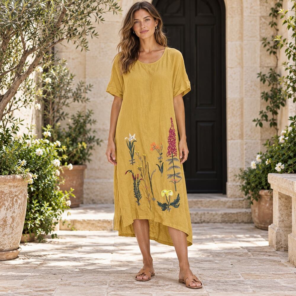 MINIBEE Linen Cotton Floral Embroidered High Low Dress Mustard Sz XL {WW13}